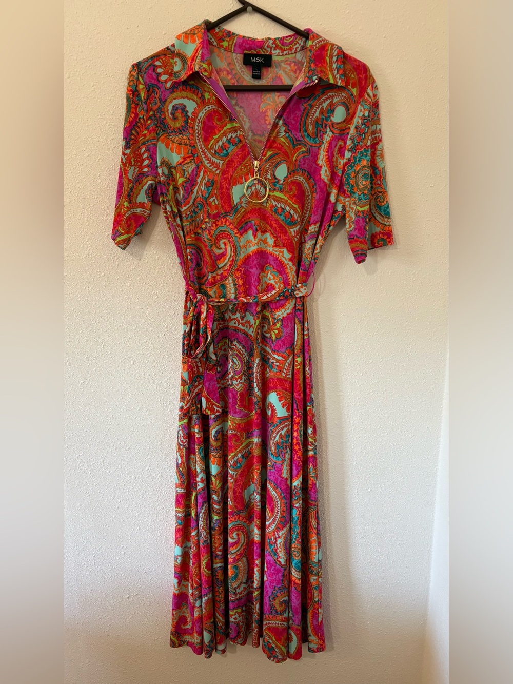 MSK Women's Short Sleeve Paisley Print Tie Waist Fit and Flare Midi Dress